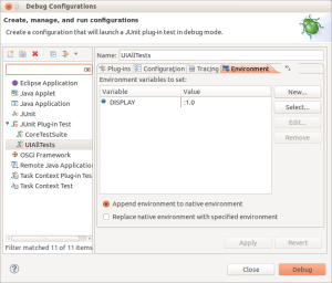 Launch config Environment Tab Eclipse with Display